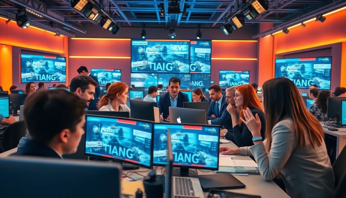 Aktuelle Meldungen discussion in a vibrant newsroom with journalists collaborating.