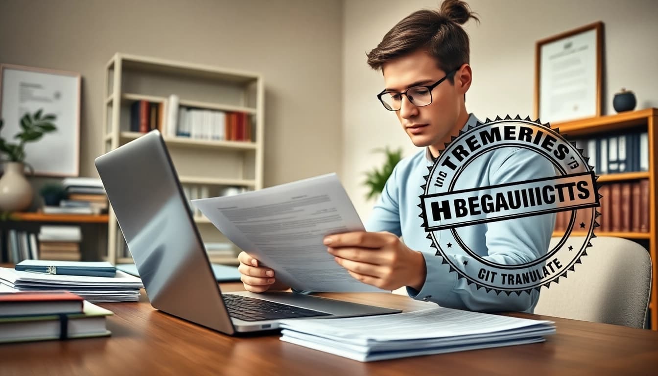 Zertifizierte Übersetzungsdienste in Aktion mit Fokus auf beglaubigte Übersetzung in einer professionellen Büroumgebung.