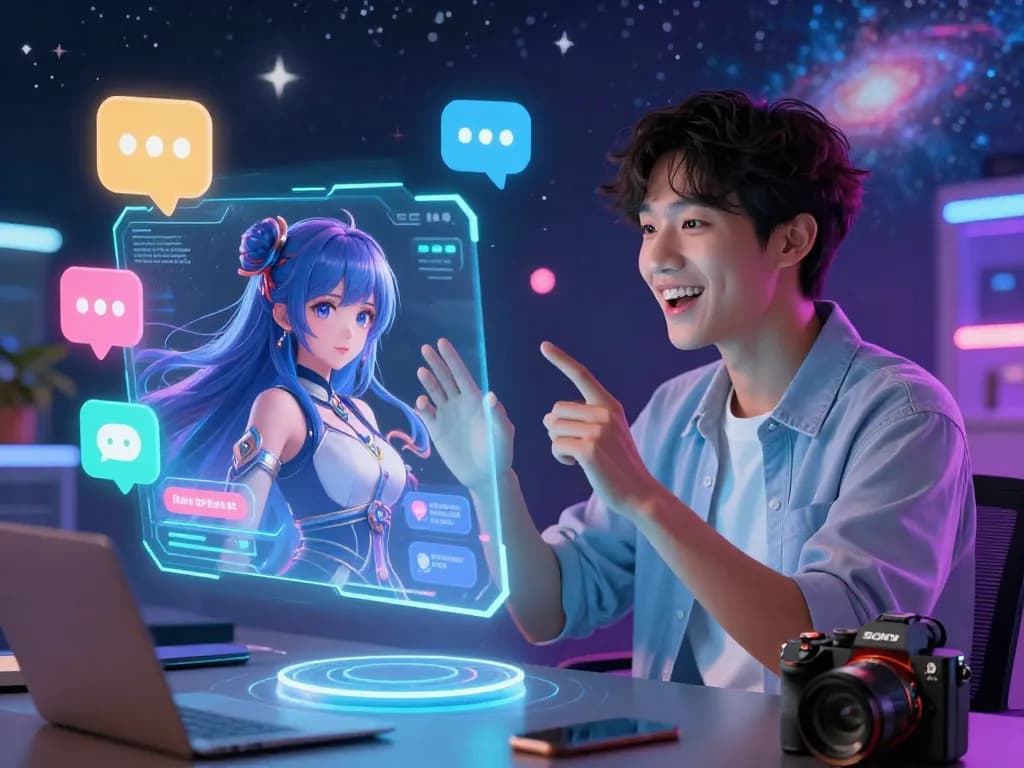 Engaging hentai AI chat scene with user interacting with anime character in vibrant digital realm.