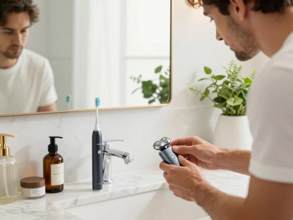 Mann, der den elektrischen Rasierer von Laifen EU in einem stilvollen Badezimmer benutzt und greifbaren Luxus präsentiert.