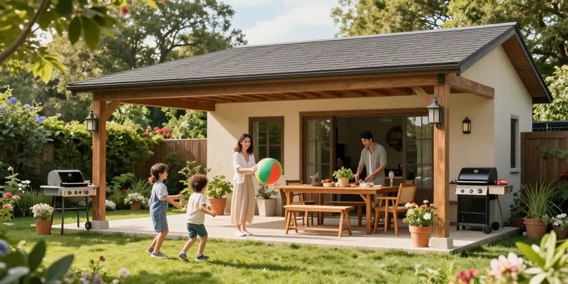 Freistehende Terrassenüberdachung in einem einladenden Garten mit Familie, die im Freien spielt und isst