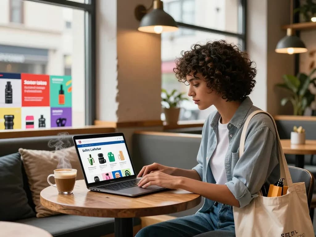 Einkaufen von "Sofort Lieferbar" Produkten in einer lebhaften Café-Umgebung, die stilvolle Individuen und ansprechende Online-Shopping-Erlebnisse hervorhebt.
