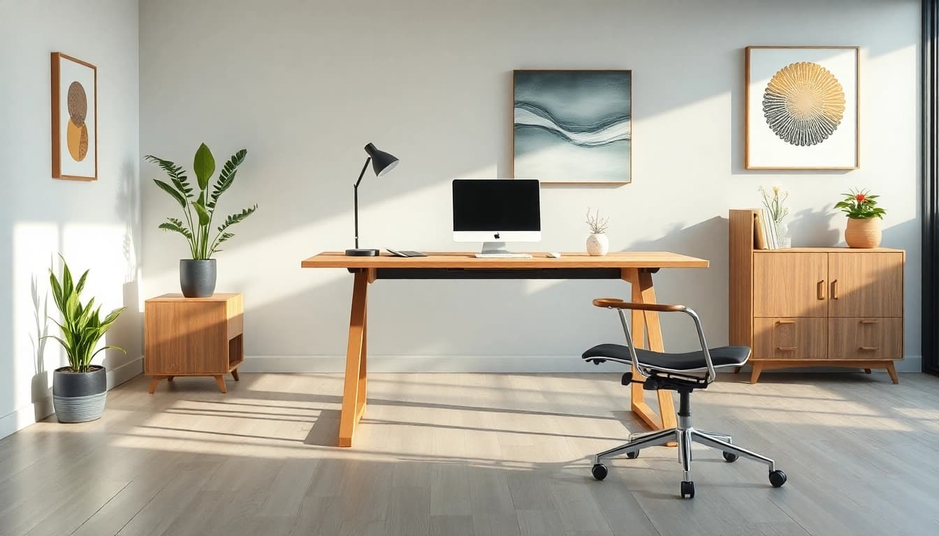 Büromöbel im modernen Büro-Setting: Ein höhenverstellbarer Schreibtisch und ergonomischer Stuhl mit Pflanzen und Wandkunst.