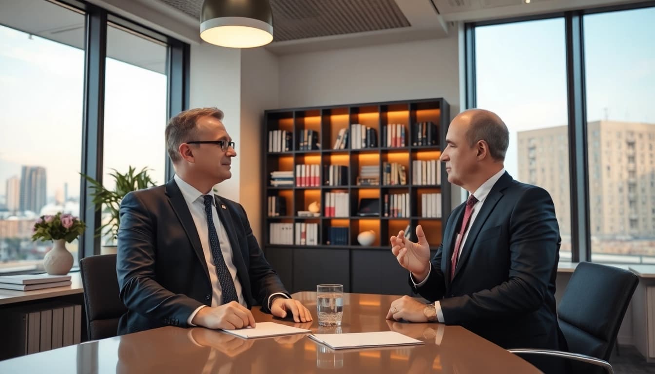 Headhunter Schweiz in einem modernen Büro, der mit einem Klienten berät.