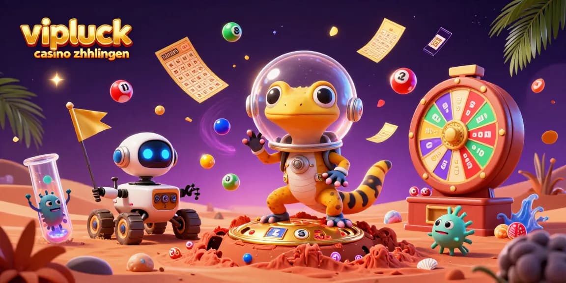 Erleben Sie VIPLuck Casino Zahlungen: Eine dynamische Illustration mit einem Mars-Gecko und Casino-Elementen.