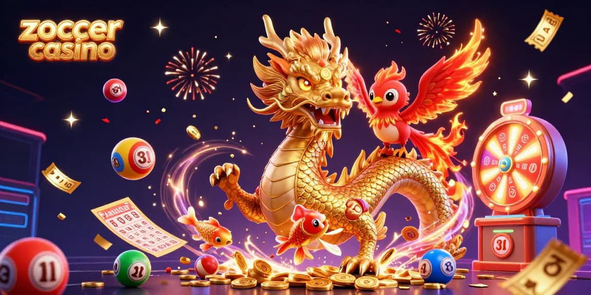 Zoccer casino celebrates wins with golden dragons, lotteries, and vibrant gaming elements.