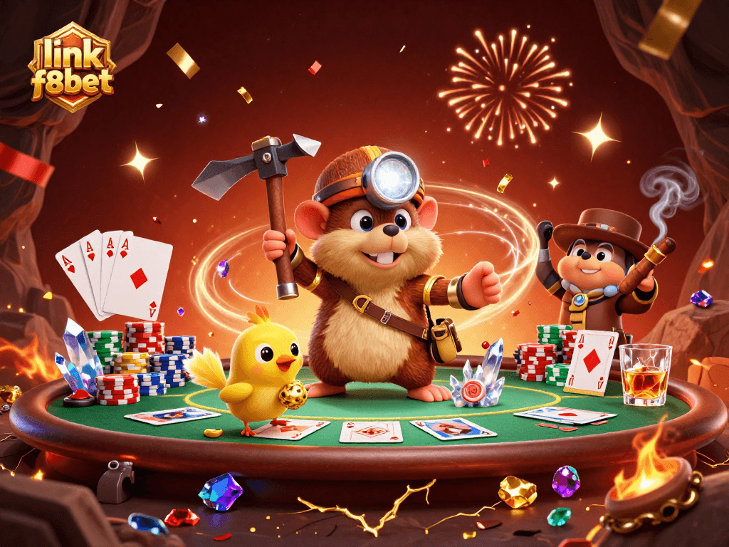 Experience thrilling gameplay with link f8bet featuring a treasure hunter in a gem-filled cave surrounded by poker excitement.