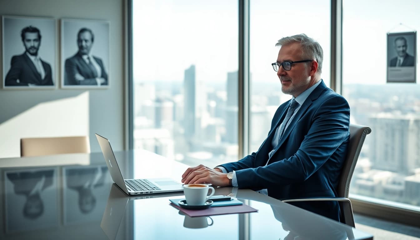 Headhunter CEO arbeitet fokussiert im modernen Büro und sucht Talente.
