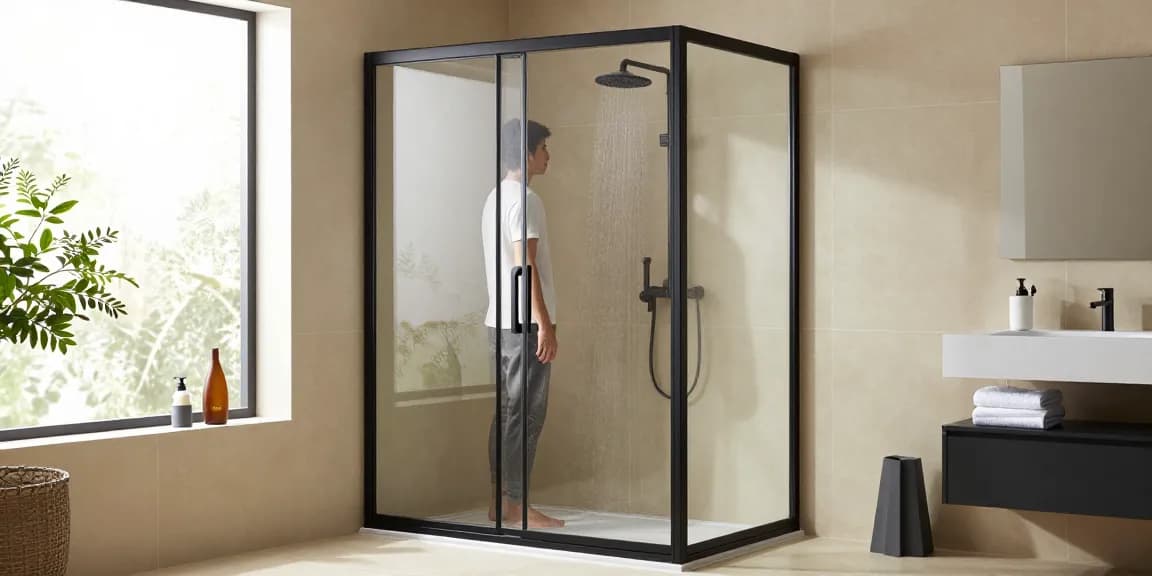 Prachtige moderne badkamer met een stijlvolle zwarte douchecabine met schuifdeuren, die de douchecabine schuifdeur zwart toont in een serene omgeving.