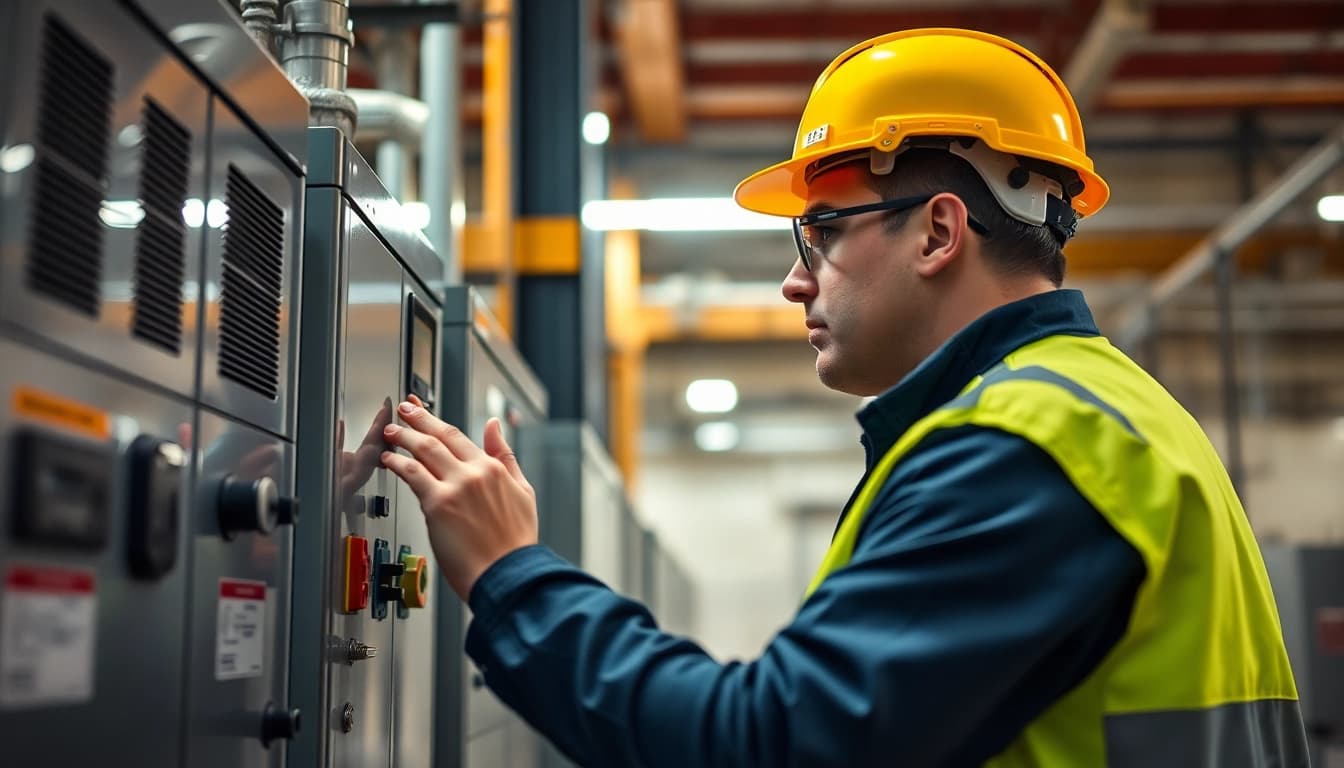 Technician performing a DGUV V3 Prüfung on electrical equipment to ensure workplace safety and compliance.