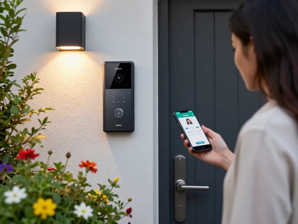 Goliath Türsprechanlage, die an einer stilvollen Eingangstür montiert ist und Sicherheit im Haus gewährleistet, während ein Besucher die Intercom-App nutzt.