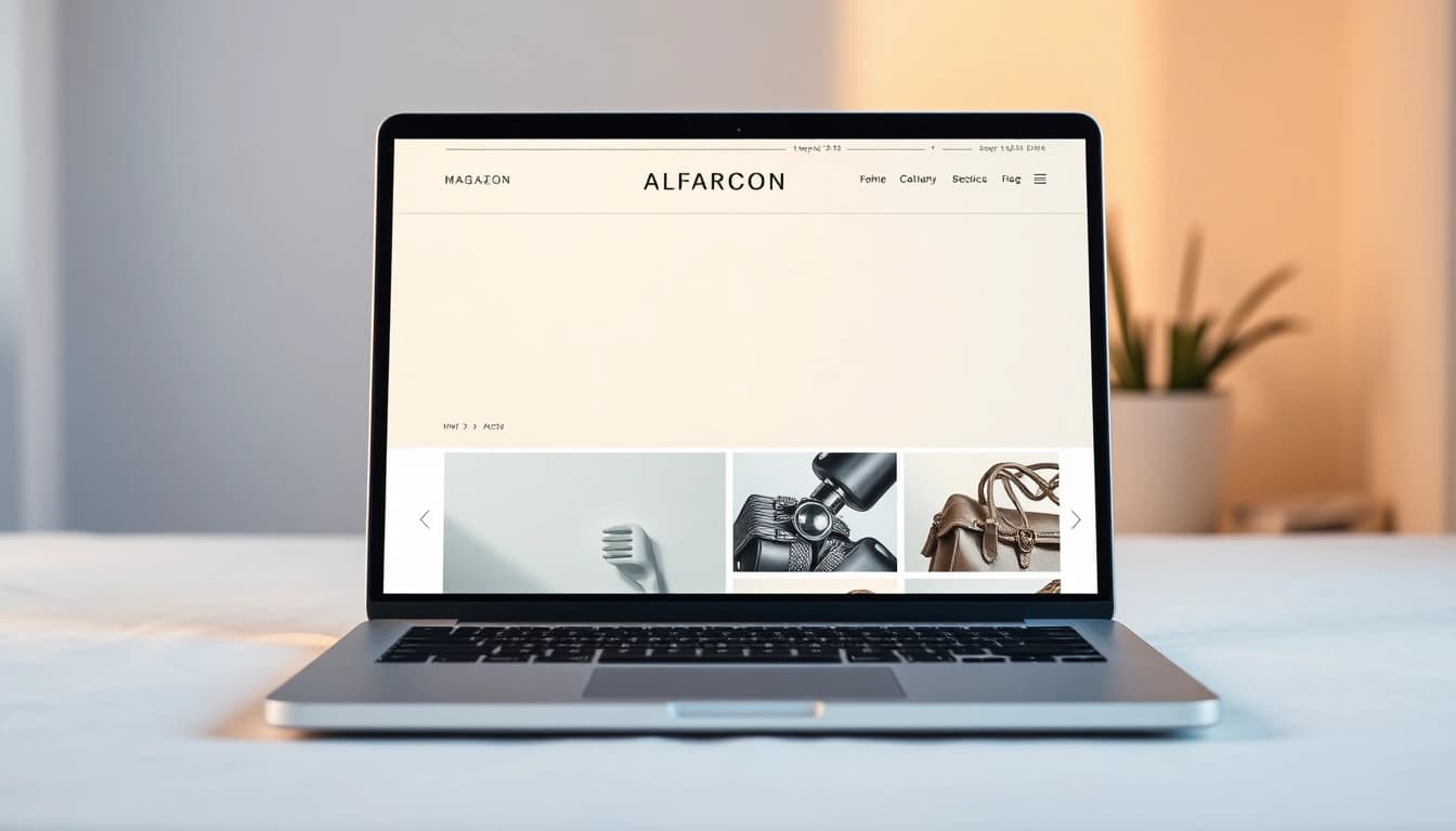 Das Onlinemagazin zeigt kreative Inhalte auf einem Laptop, mit ansprechendem Layout und warmen Farben.