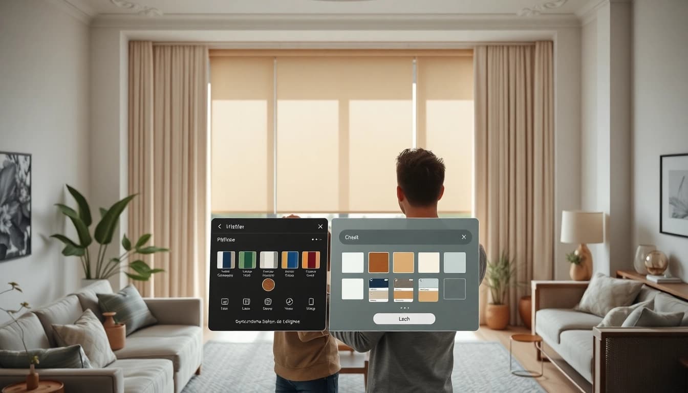 Plissee konfigurieren im modernen Wohnzimmer mit eleganten Stoffauswahlen und einer einladenden Atmosphäre.