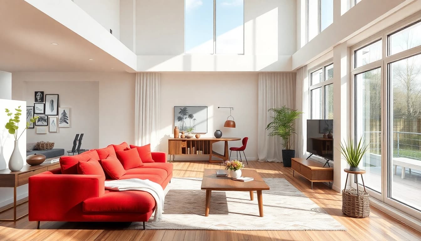 Raumgestaltung eines modernen Wohnraumes mit harmonischen Farben und stilvollen Möbeln.