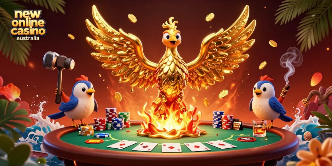 Experience vibrant gameplay at a new online casino Australia with poker chips and golden phoenix.