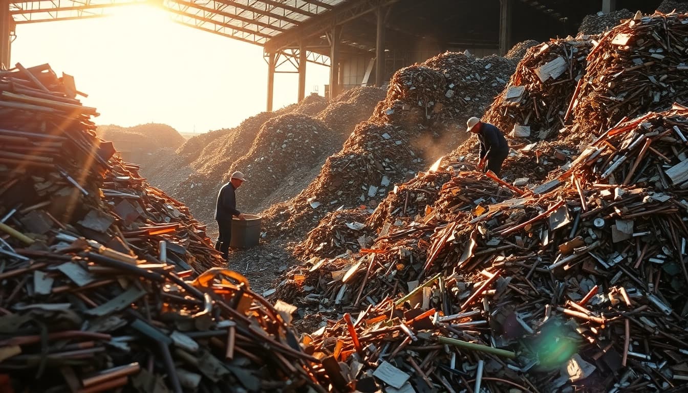 Efficient Schrottabholung Remscheid service depicted with workers handling various metals in a busy yard.
