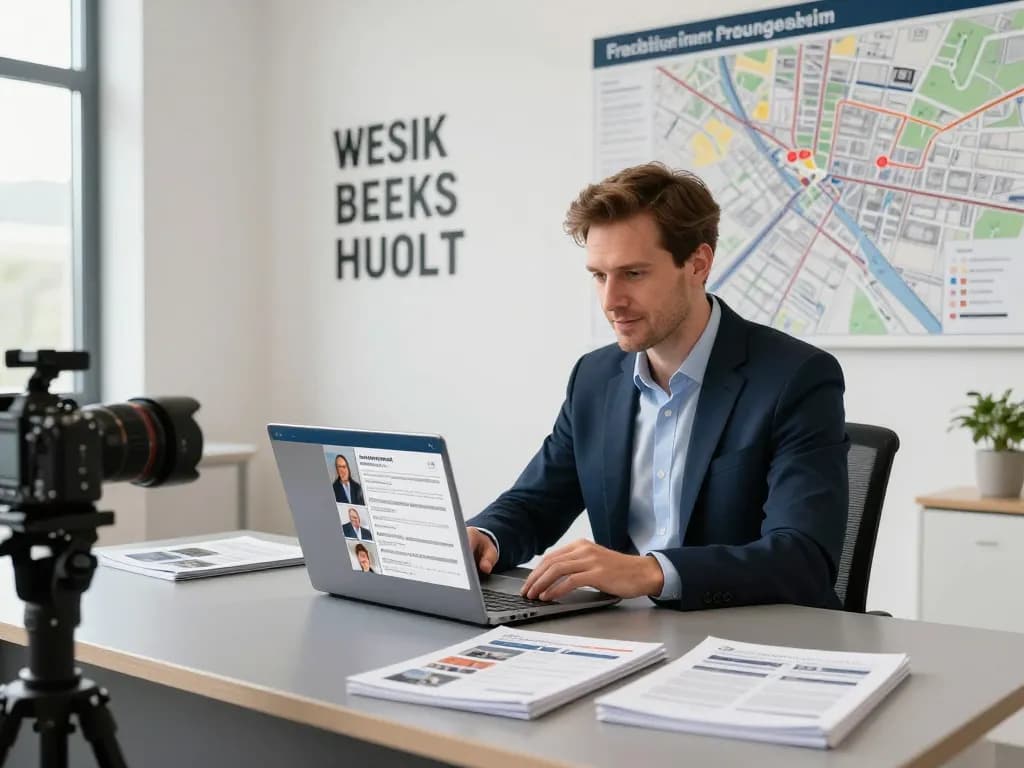 Immobilienmakler Frankfurt Preungesheim bespricht Immobilien in einem modernen Büroumfeld.