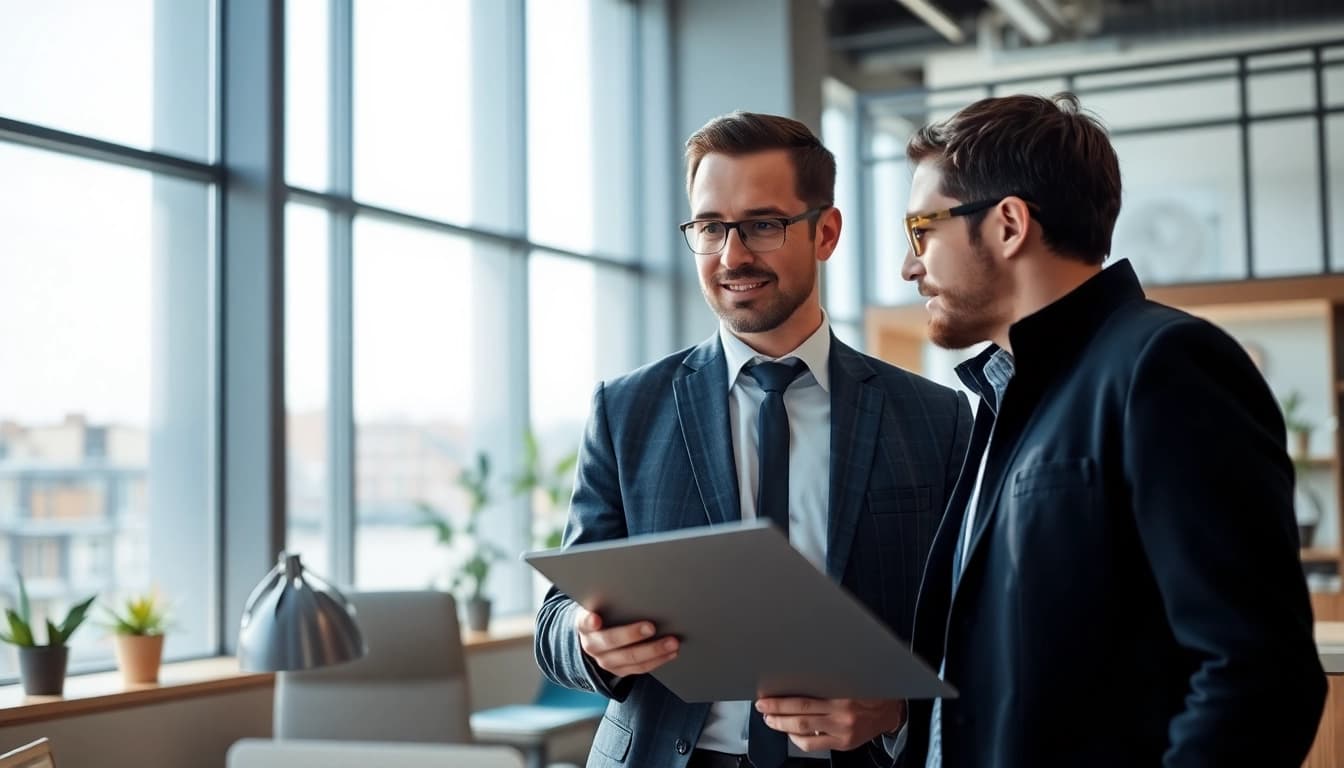 Headhunter Ingenieure diskutiert mit einem jungen Ingenieur in einem modernen Büro.