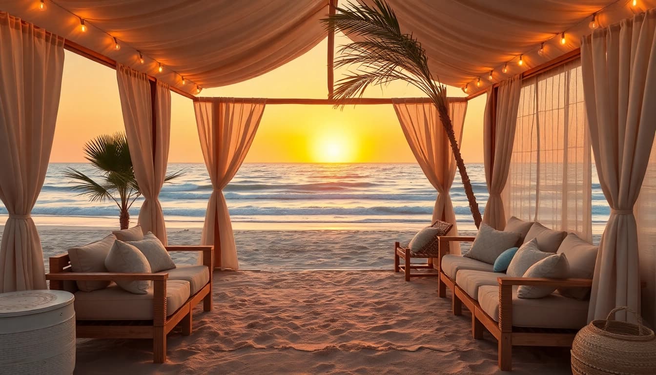Erlebe die entspannte Atmosphäre eines Coastal Cabana am Strand mit modernen Küstenelementen und warmem Licht.