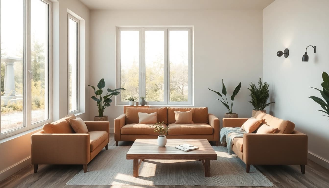 Einladende Raumgestaltung in einem modernen Wohnzimmer mit natürlichem Licht und eleganten Möbeln.