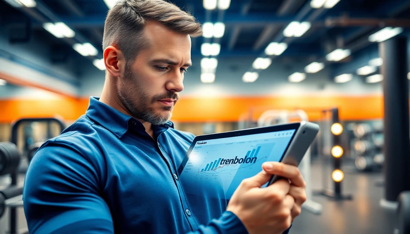 Analyse der trenbolon preis in einem modernen Fitnessstudio mit einem Trainer.