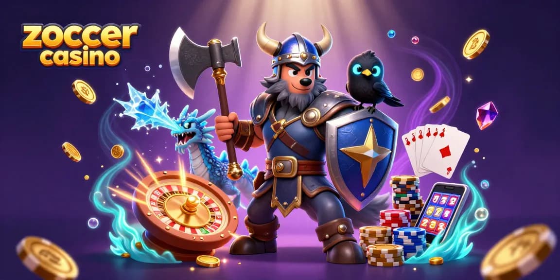 Experience thrilling gaming action at Zoccer Casino with a Viking warrior, dragon, and casino elements.