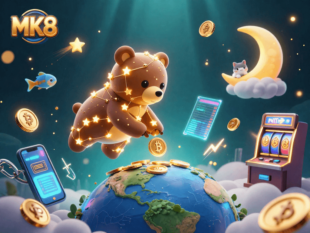 Experience thrilling wins with MK8 in a 3D gambling universe showcasing coins, slot machines, and digital assets.