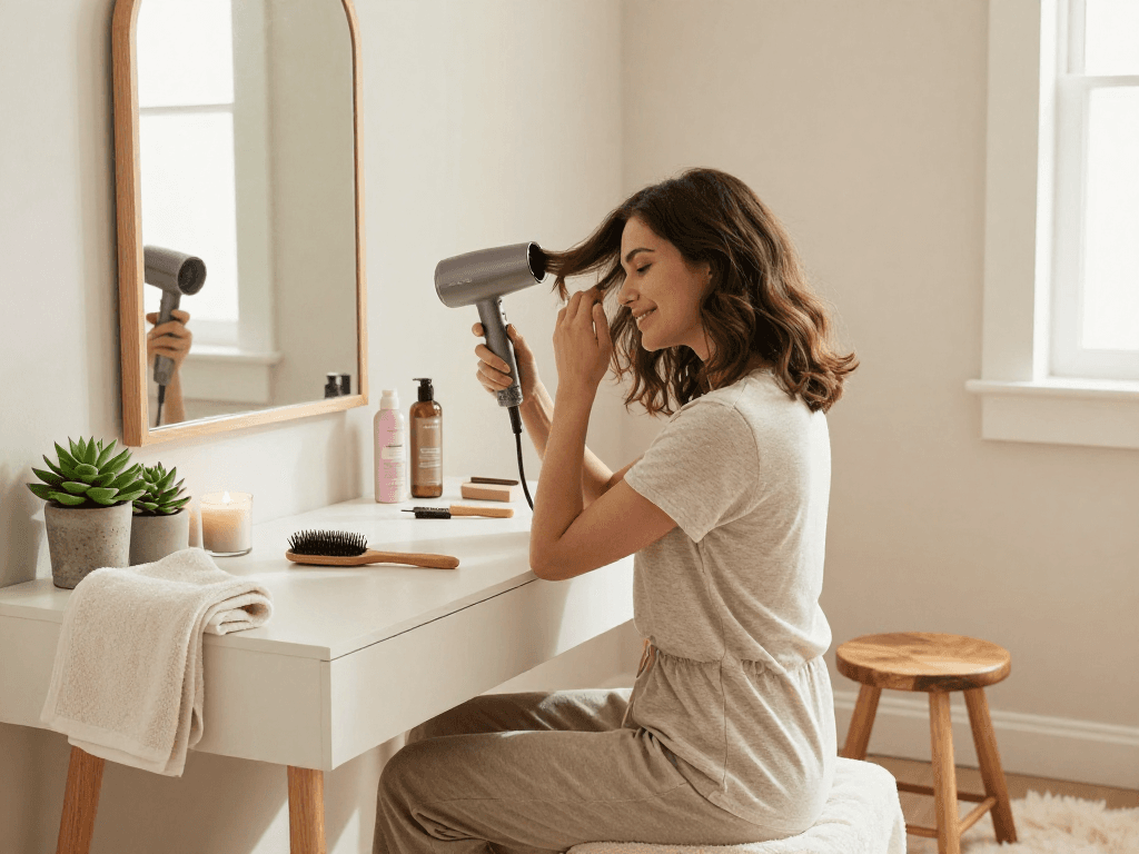Stylish woman using a small hair dryer at a vanity, creating a fresh look in a bright bathroom.