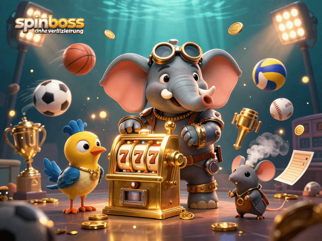 Spieler erleben das aufregende Spinboss ohne Verifizierung mit einer steampunk Elefantenfigur, die an einem Spielautomaten arbeitet.