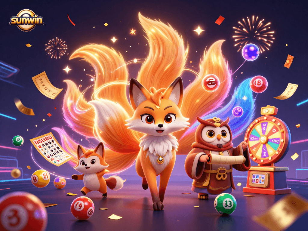 Experience the vibrant magic of sunwin with colorful orb celebrations and gambling excitement in this rich 3D scene.