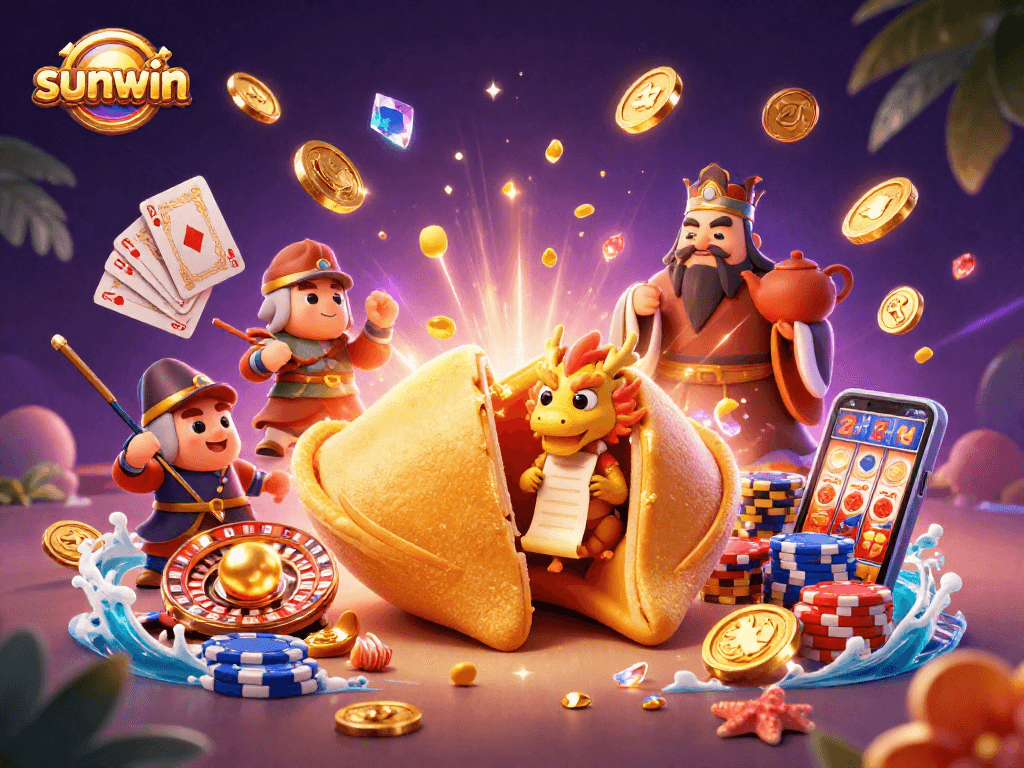 Experience the thrill of sunwin with a magnificent casino scene, showcasing vibrant characters and rich gambling elements.