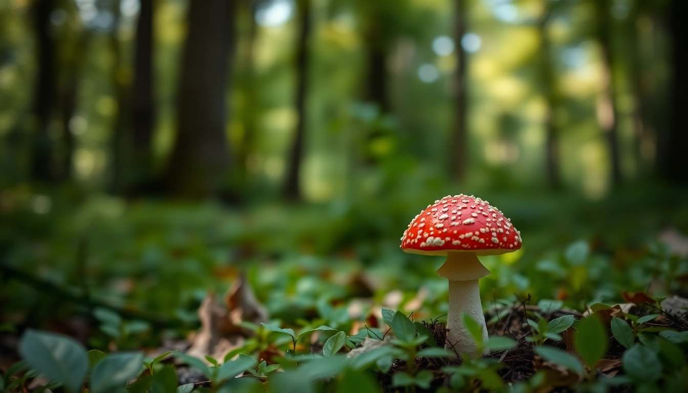 Amanita muscaria kaufen: Beautiful red mushroom in a serene forest setting highlighting its unique features.