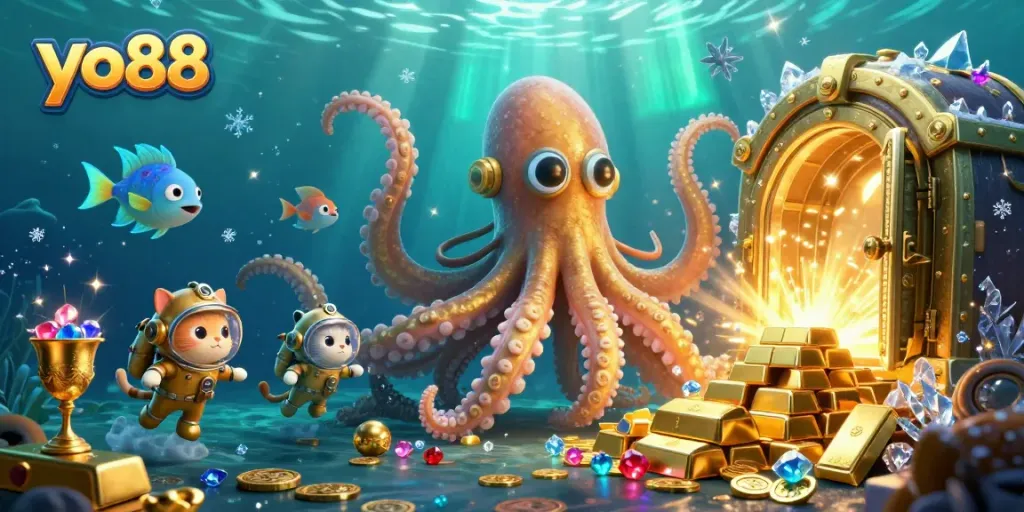 Experience thrilling gameplay at yo88 with a mesmerizing underwater scene featuring a kraken and treasure.