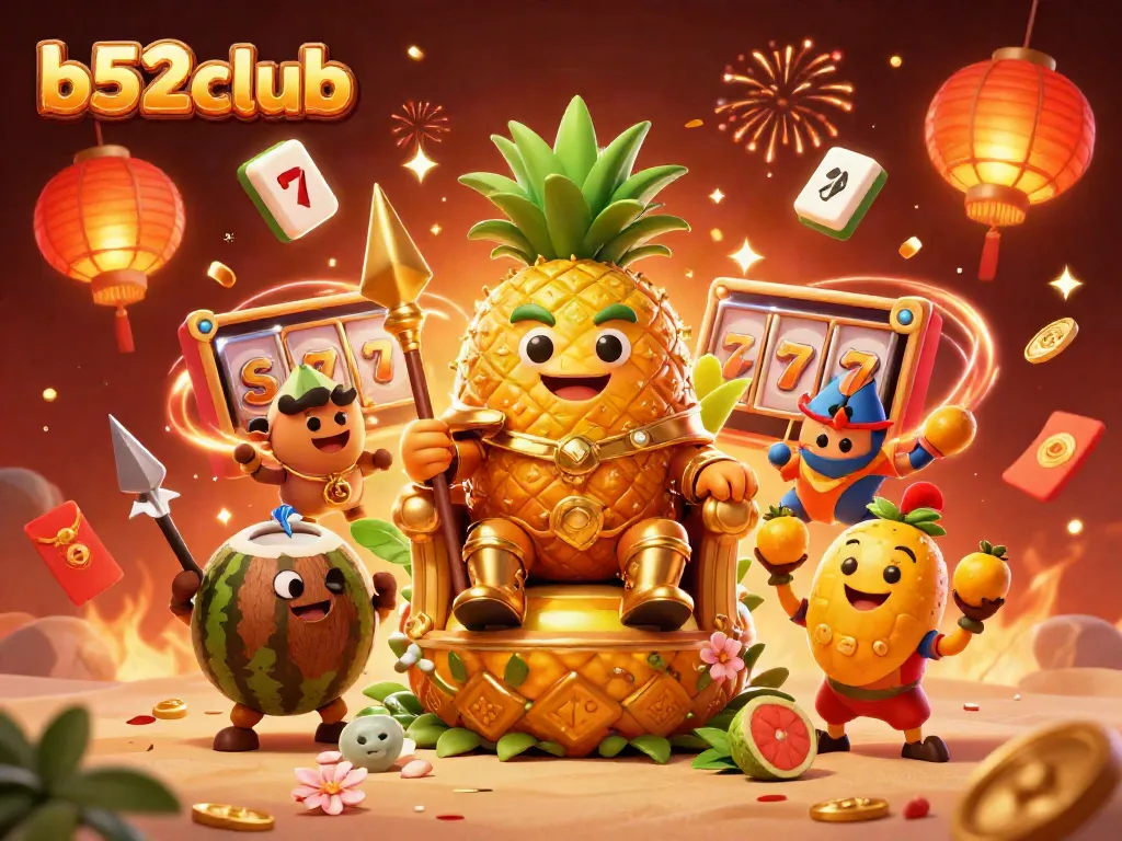 b52club brings vibrant casino excitement with a golden pineapple king and slots in a tropical setting.