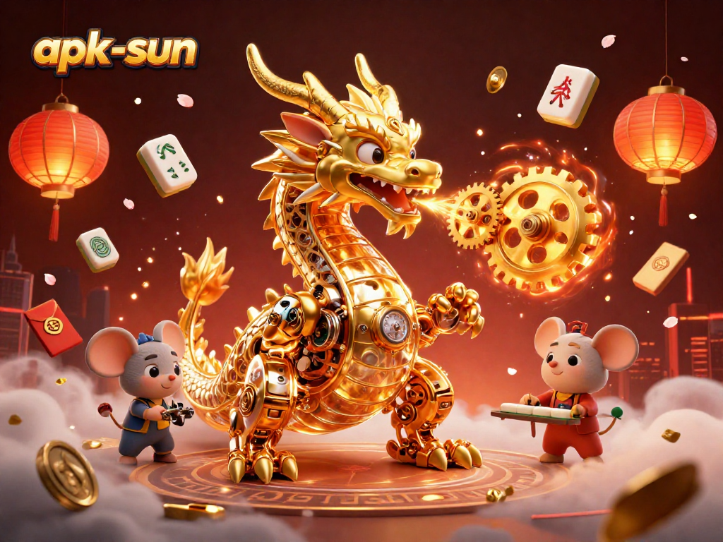 Play at apk-sun with vibrant casino elements and a golden dragon emphasizing winning excitement