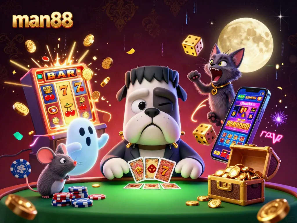 Experience exhilarating gameplay at man88 with a 3D illustration of a playful casino scene.