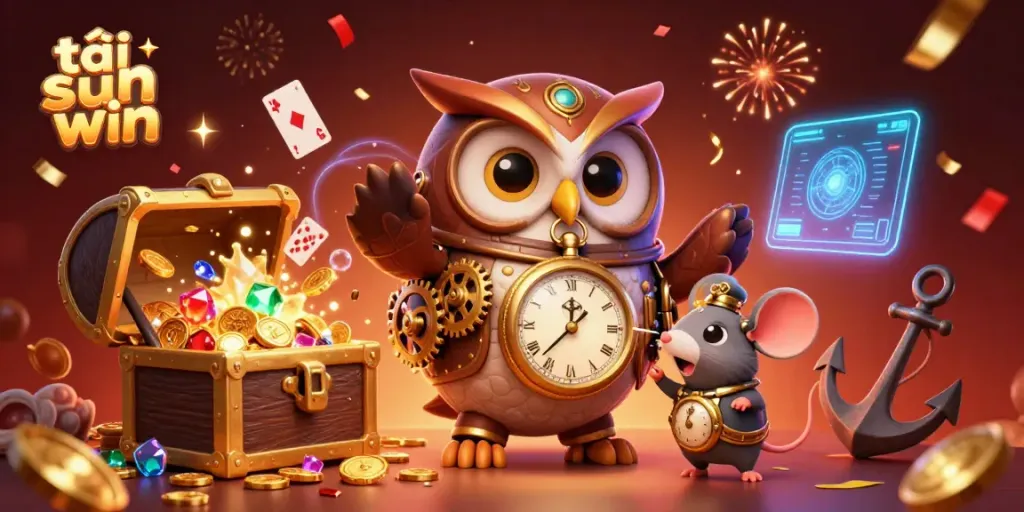 Play and win with tải sun win in a vibrant 3D casino scene featuring colorful treasures.