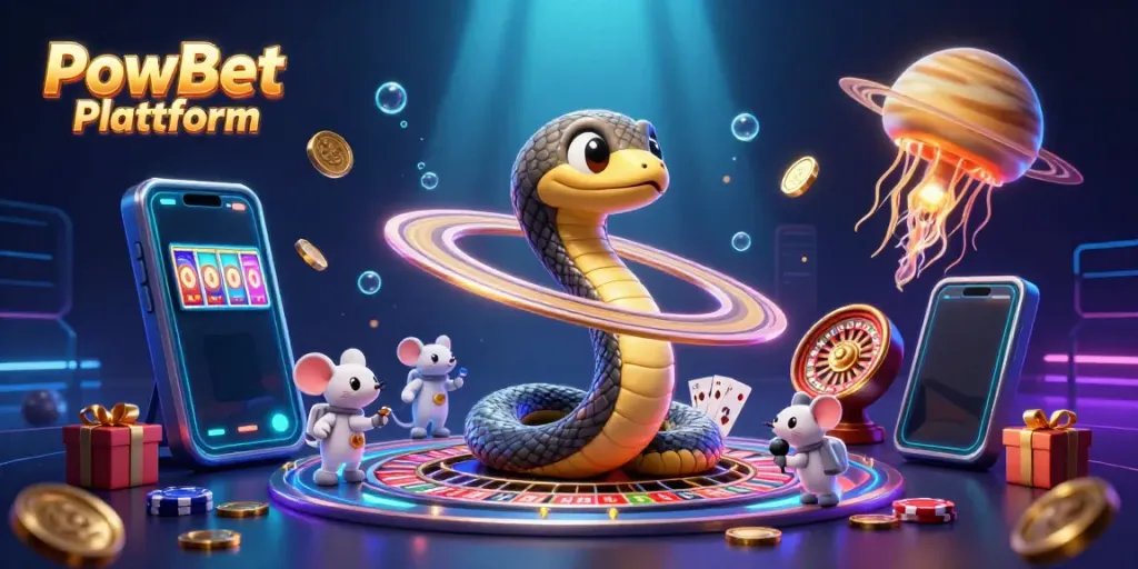 Spannendes PowBet Plattform Casino-Erlebnis mit 3D-Illustration von Wett-Action und Spielen.
