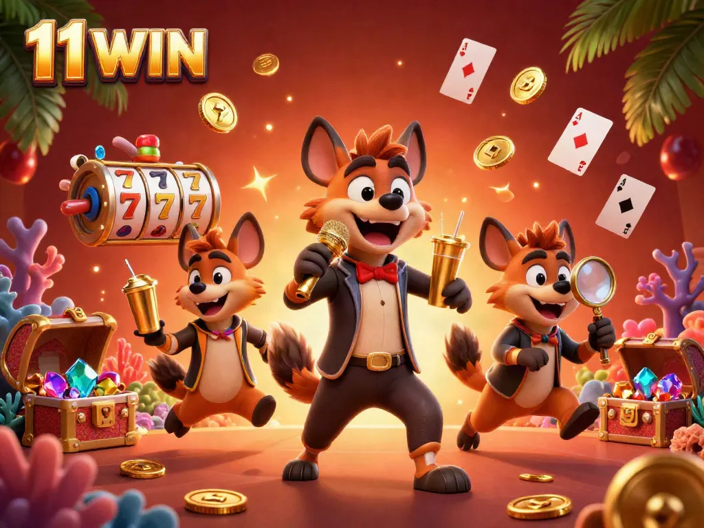 Experience the excitement of 11 WIN with hyenas in a vibrant casino scene featuring slot reels and floating cards.