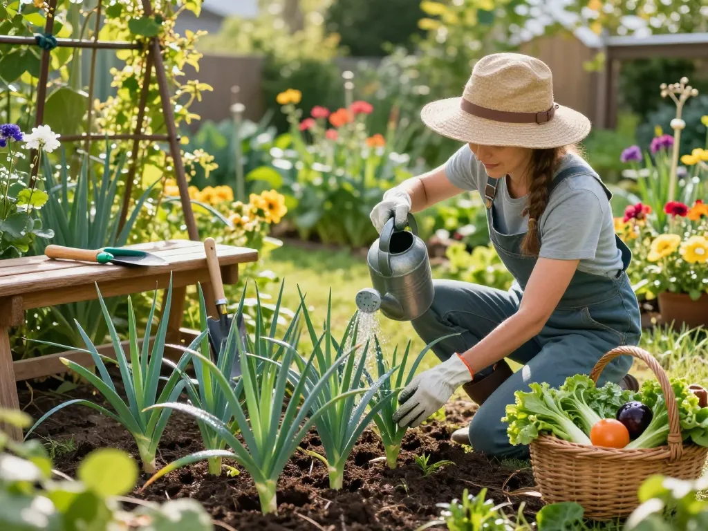 Gardener nurturing porree jungpflanzen in vibrant home garden setting