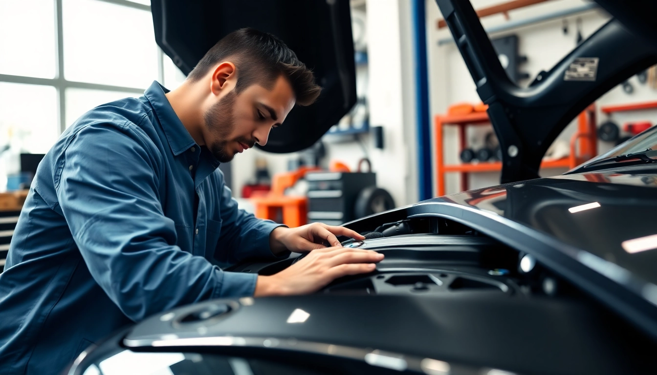 BMW Spezialist arbeitet an einem eleganten BMW-Fahrzeug in einer modernen Werkstatt.