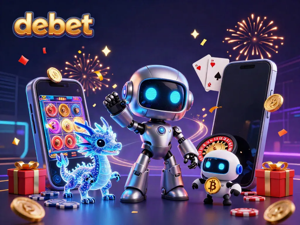 Engage with debet's exciting casino environment showcasing a vibrant 3D cartoon scene of gambling elements and characters.
