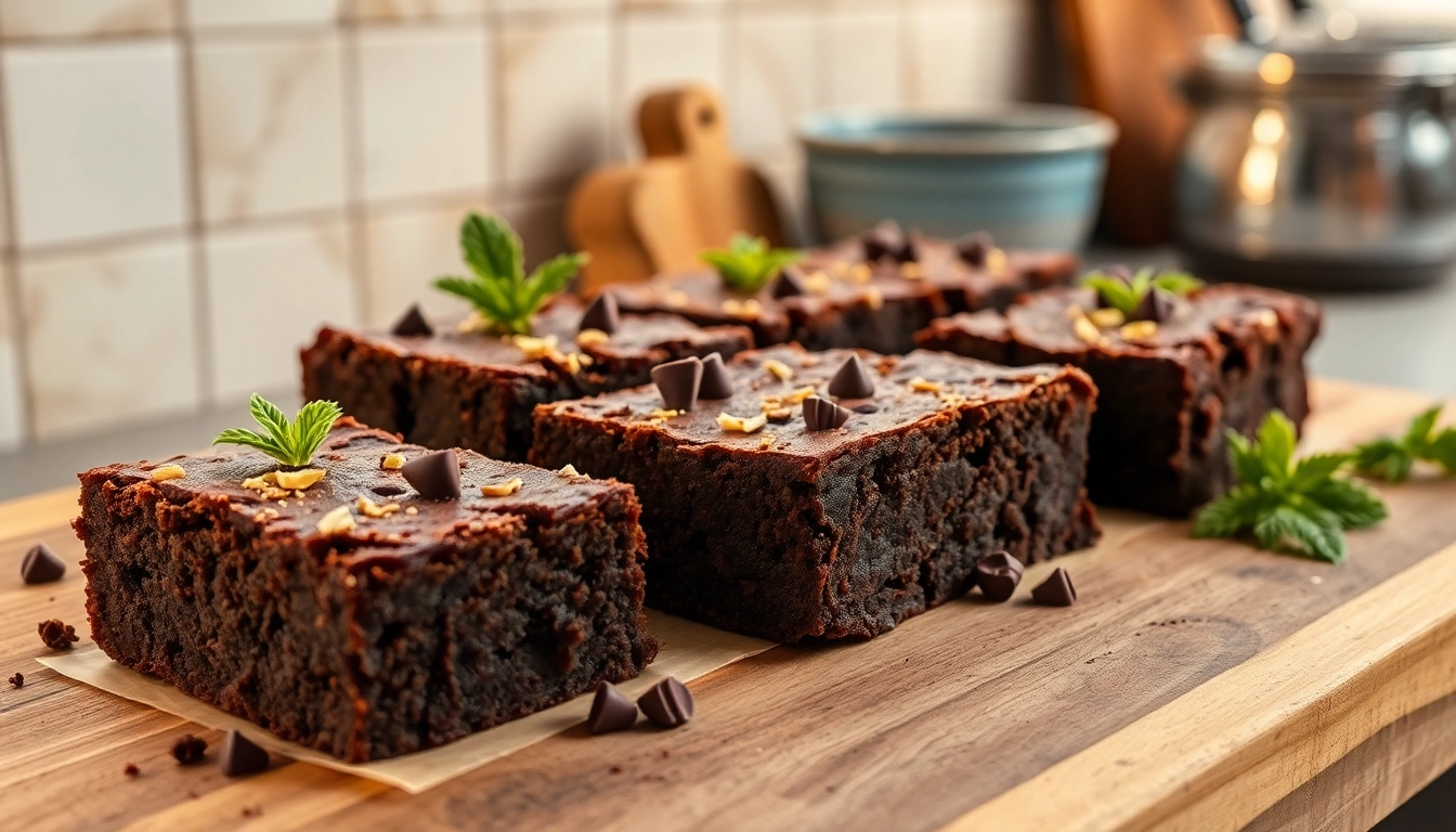 Schokoladige Weed Brownies frisch gebacken, serviert mit Minze und Schokoladenspänen auf einem rustikalen Holzbrett.