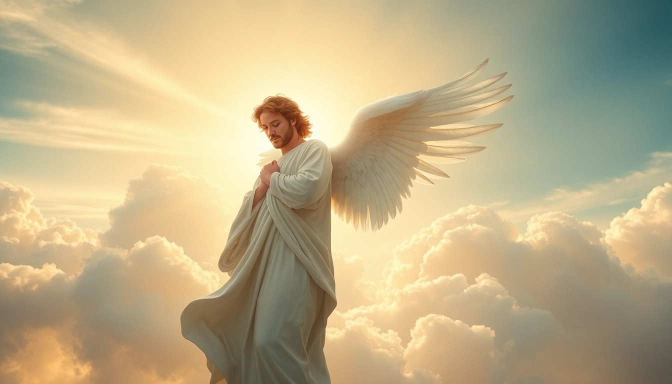 Erzengel Raphael in a celestial scene, radiating light and guidance.