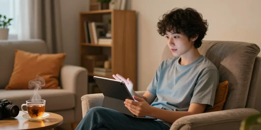 Engaging spicy AI chat scene with a user in a cozy room, showcasing comforting ambiance and warm lighting.