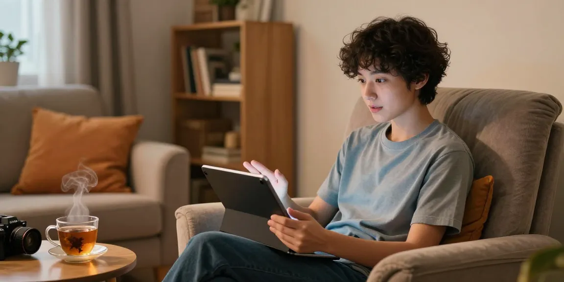 Engaging spicy AI chat scene with a user in a cozy room, showcasing comforting ambiance and warm lighting.