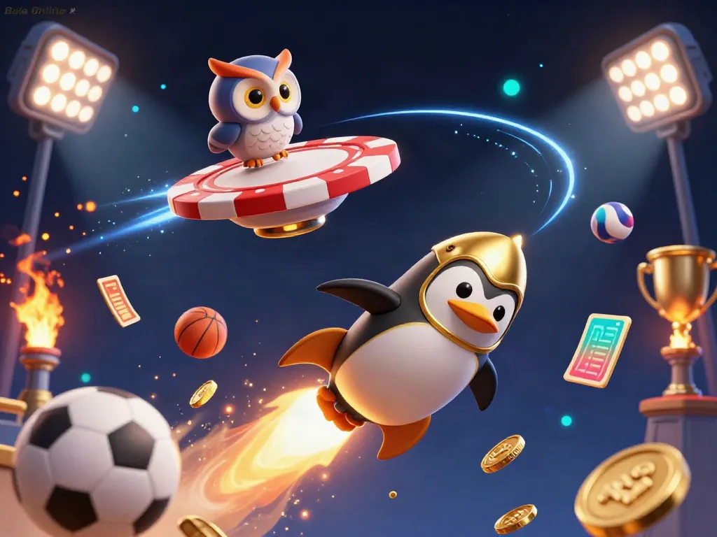 Experience thrilling action with Bola Online as a golden penguin heads for a casino space station amidst flying sports balls.
