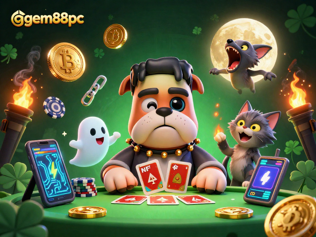 Experience gem88pc with exciting gaming action from a cartoon bulldog dealer and glowing crypto elements.
