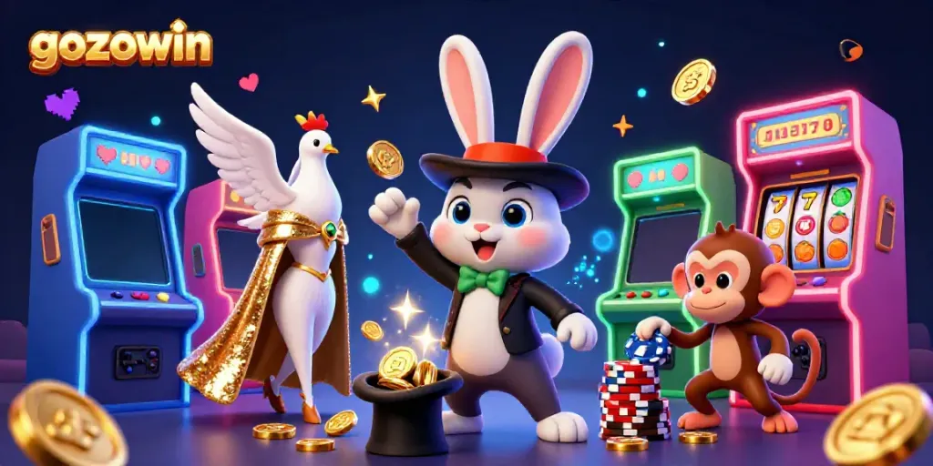 Experience the magic of gozowin with a magician rabbit pulling gold coins and playful characters in a vibrant casino setting.