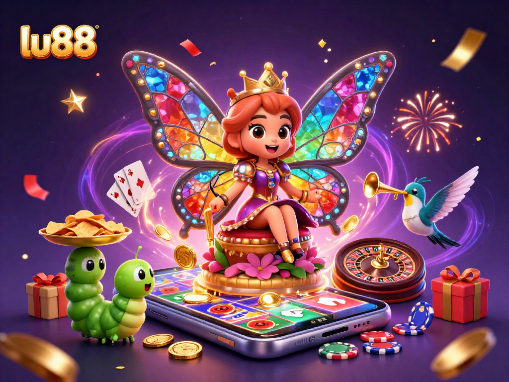 Experience thrilling gaming with lu88 through colorful slot and casino elements in a dynamic 3D scene.